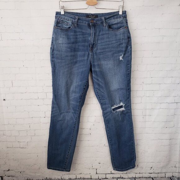 Judy Blue Patch Knee Boyfriend Jeans Size 13 / 31 Dark Wash Distressed Stretch - Picture 2 of 10